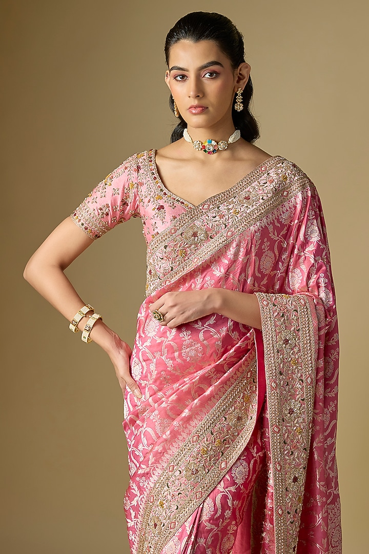 Orange-Rani Banarasi Silk Bridal Saree Set by Kalighata at Pernia's Pop Up Shop